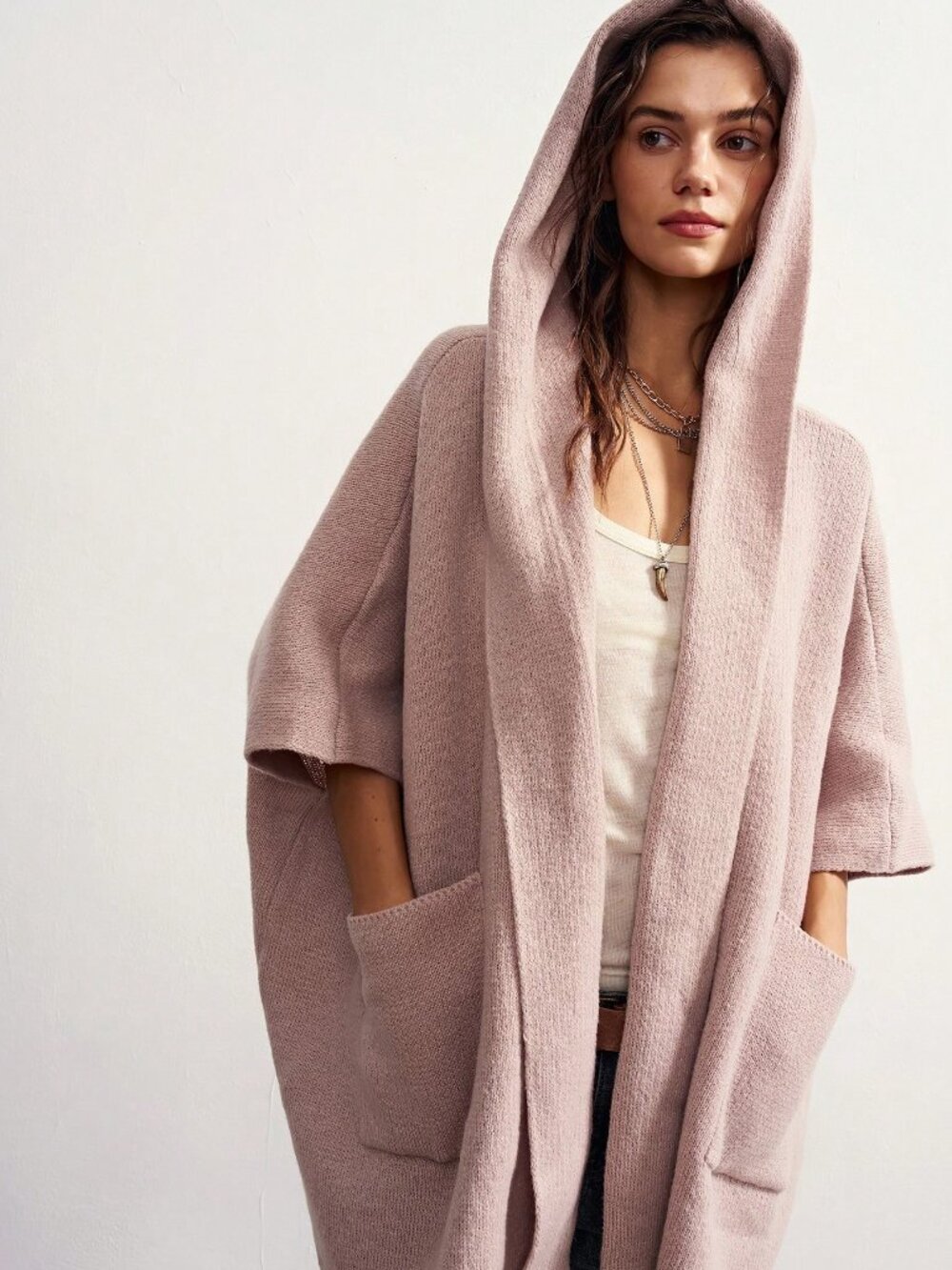 Casual Women's Double Pocket Hooded Knit open front sweater Cardigan